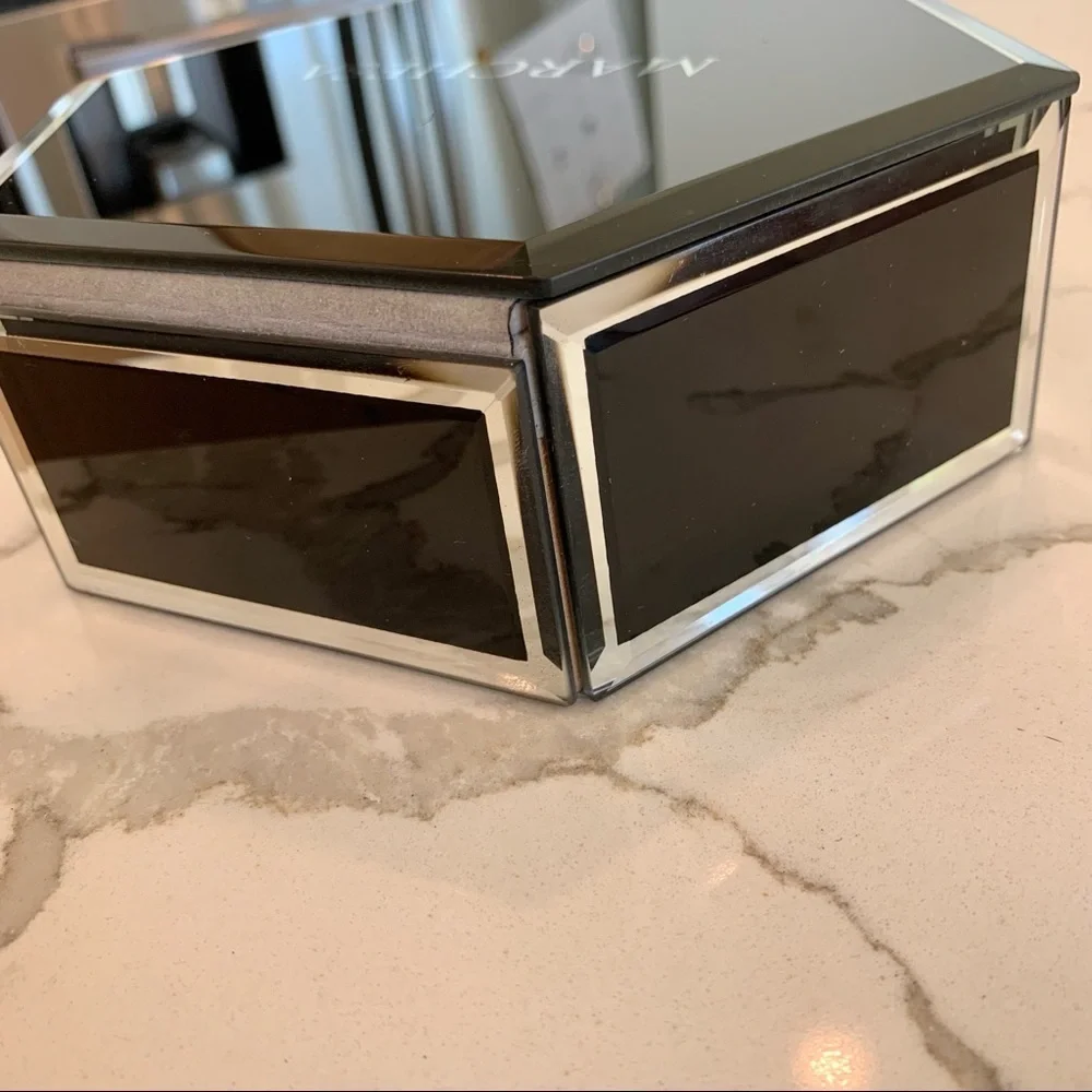Marchesa Black Hexagon Mirrored Glass Velvet-Lined Jewelry Vanity Trinket Box